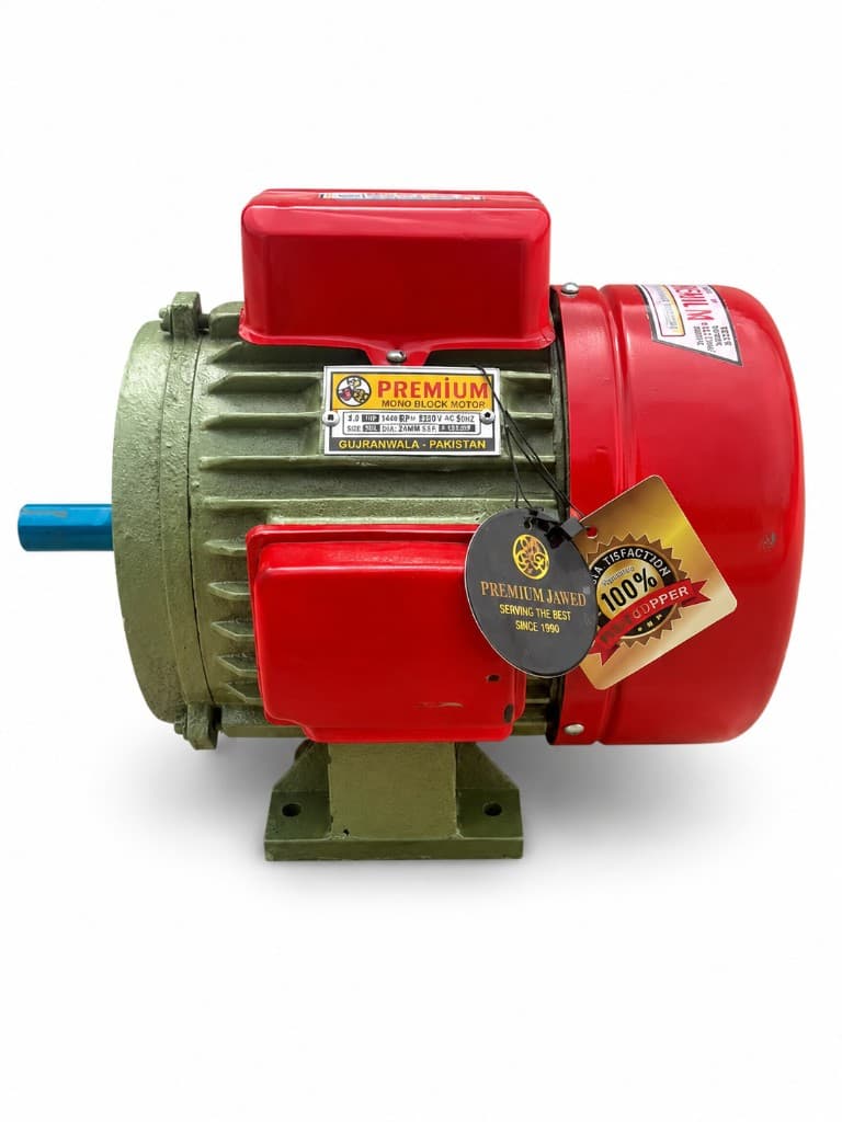 Jawed 1HP Premium Full Load Heavy Duty Copper Motor (side angle) — Javed copper motors for home and bore use in Karachi, Pakistan